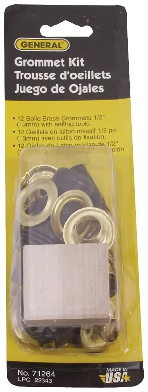 General 71264 Series Grommet Kit, Includes: Anvil, Cutting Block, (48) 1/2 in Grommets, Hole Cutter and Mandrel, Brass Reduced Price