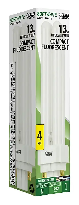 Feit Electric PLD13E Fluorescent Bulb, 13 W, PL Lamp, G24Q-1 Lamp Base, 850 Lumens, 2700 K Color Temp High Quality
