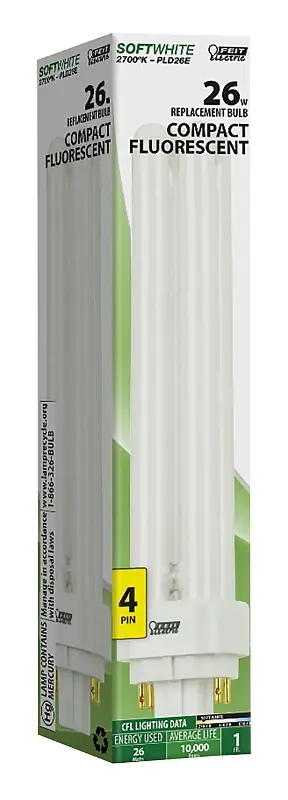 Feit Electric PLD26E Fluorescent Bulb, 26 W, PL Lamp, G24Q-3 Lamp Base, 1600 Lumens, 2700 K Color Temp, Soft White Light Same Day Shipping