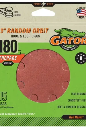 Top Rated Gator 4376 Sanding Disc, 5 in Dia, 180 Grit, Extra Fine, Aluminum Oxide Abrasive, Fiber Backing, 15/PK