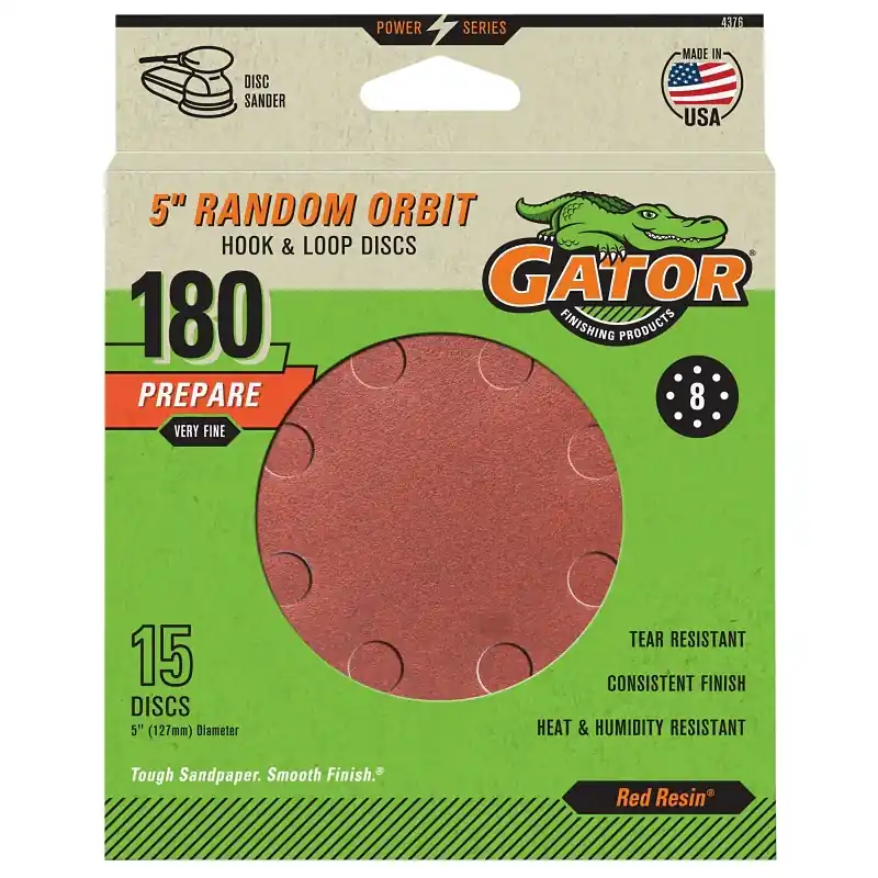 Top Rated Gator 4376 Sanding Disc, 5 in Dia, 180 Grit, Extra Fine, Aluminum Oxide Abrasive, Fiber Backing, 15/PK