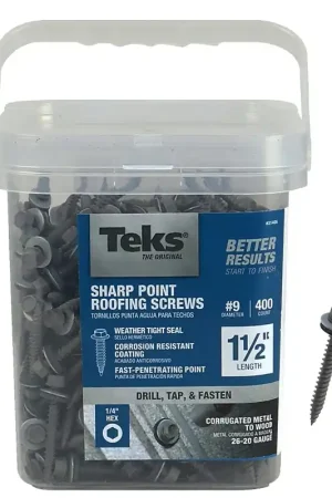 Premium Teks 21406 Roofing Screw, #9 Thread, Coarse Thread, Hex Drive, Self-Tapping, Sharp Point, Steel, Zinc