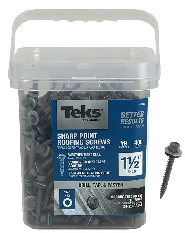 Premium Teks 21406 Roofing Screw, #9 Thread, Coarse Thread, Hex Drive, Self-Tapping, Sharp Point, Steel, Zinc