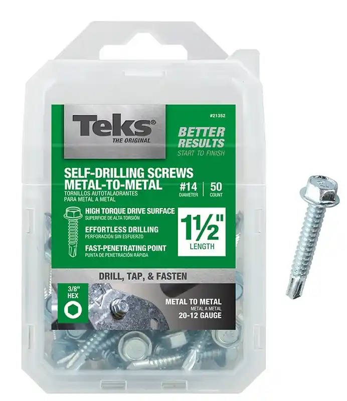 Factory Price Teks 21352 Screw, #14 Thread, 1-1/2 in L, Coarse Thread, Hex Drive, Self-Drilling, Self-Tapping Point, Steel, Zinc