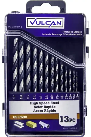 Fresh Stock Vulcan 242790OR Plastic Case Drill Bit Set, 13-Piece, High-Speed Steel, Black Oxide/Polished