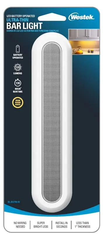 Limited Time Westek BL-BUTN-W Compact Bar Light, AA Battery, LED Lamp, 120 Lumens, 3000 K Color Temp, White