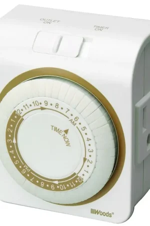 Woods 50001 Mechanical Timer, 15 A, 125 V, 1875 W, 24 hr Time Setting, White, 24 On/Off Cycles Per Day Cycle Today Only
