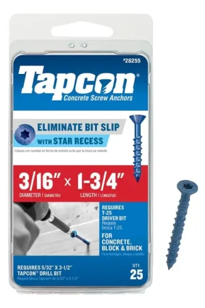 Tapcon 24255 Concrete Screw Anchor, 3/16 in Dia, 1-3/4 in L, Steel, 25/PK Best Seller