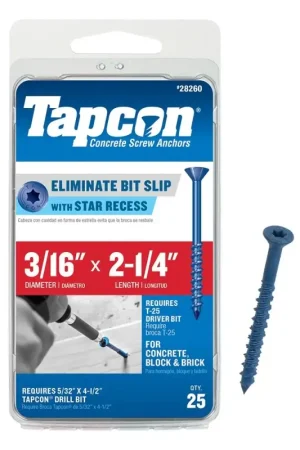 Tapcon 24260 Screw Anchor, 3/16 in Dia, 2-1/4 in L, Steel, Climaseal Bargain