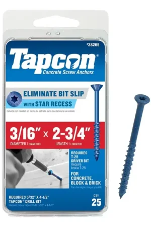 Tapcon 24265 Concrete Screw Anchor, 3/16 in Dia, 2-3/4 in L, Steel, Climaseal Popular