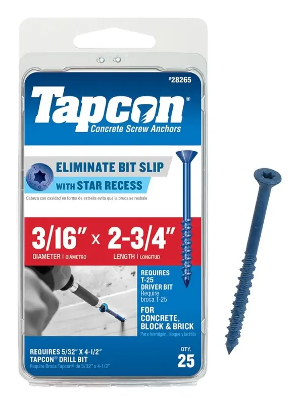 Tapcon 24265 Concrete Screw Anchor, 3/16 in Dia, 2-3/4 in L, Steel, Climaseal Popular