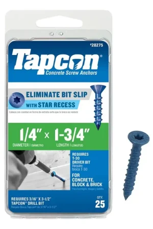 Next Day Delivery Tapcon 24275 Concrete Screw Anchor, 1/4 in Dia, 1-3/4 in L, Phillips Head, Steel, Climaseal, 25/PK