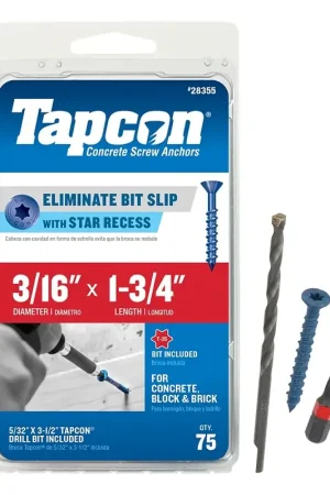 Must Have Tapcon 28355 Concrete Screw Anchor, T25 Screw, 3/16 in Dia, 1-3/4 in L, Steel, Climaseal, 75/PK