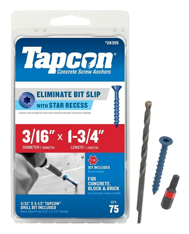 Must Have Tapcon 28355 Concrete Screw Anchor, T25 Screw, 3/16 in Dia, 1-3/4 in L, Steel, Climaseal, 75/PK