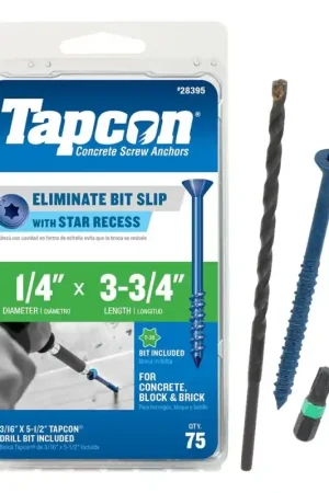 Free Returns Tapcon 28395 Concrete Screw Anchor, T30 Screw, 1/4 in Dia, 3-3/4 in L, Steel, Climaseal, 75/PK