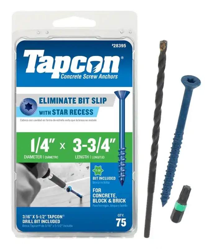 Free Returns Tapcon 28395 Concrete Screw Anchor, T30 Screw, 1/4 in Dia, 3-3/4 in L, Steel, Climaseal, 75/PK