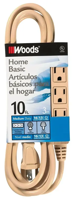 Today Only Southwire 2865 Extension Cord, 16 AWG Cable, 10 ft L, 13 A, Beige