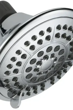 While Supplies Last Delta 75554C Showerhead, Round, 1.75 gpm, 1/2 in Connection, IPS, 5-Spray Function, Plastic, Chrome-Plated