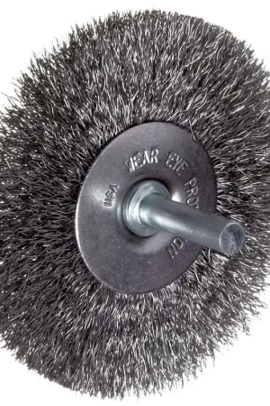 Free Returns Weiler 36004 Wire Wheel Brush, 6 in Dia, 5/8 to 1/2 in Arbor/Shank, 0.014 in Dia Bristle, 1-1/8 in L Bristle Trim