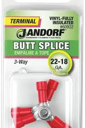 Today Only Jandorf 60932 Butt Splice Connector, 22 to 18 AWG Wire, Vinyl Insulation, Copper Contact, Tin, Red, 2/PK