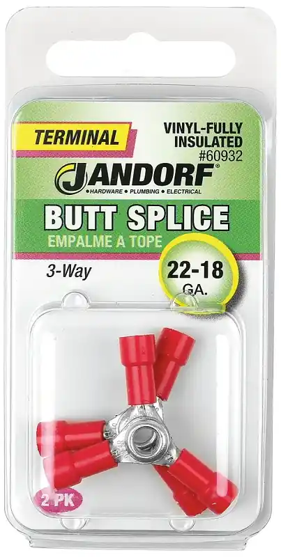 Today Only Jandorf 60932 Butt Splice Connector, 22 to 18 AWG Wire, Vinyl Insulation, Copper Contact, Tin, Red, 2/PK