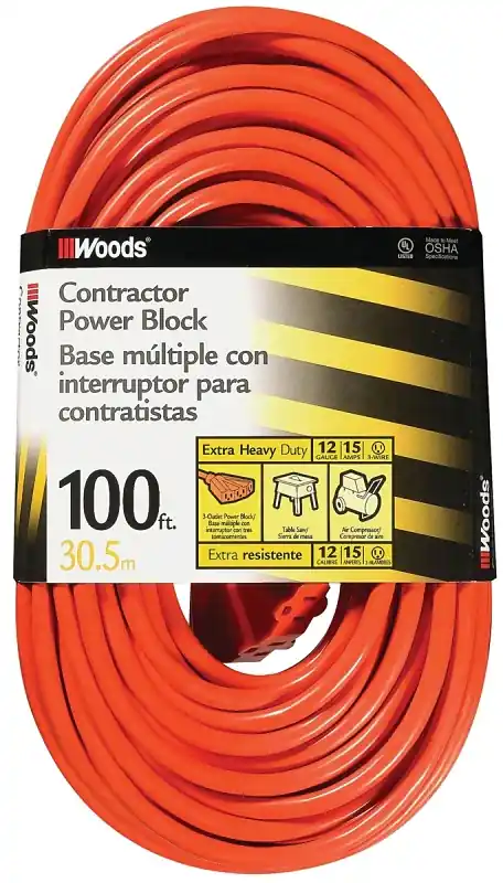 CCI 0820 Extension Cord, 12 AWG Cable, 100 ft L, 15 A, 125 V, Orange Free Returns