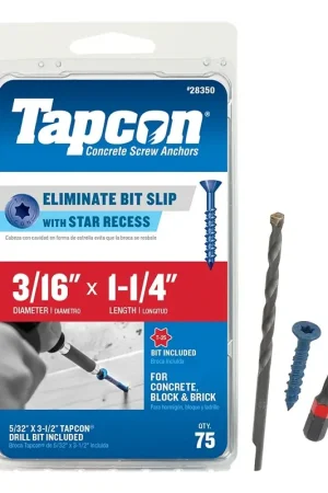 Holiday Sale Tapcon 28350 Concrete Screw Anchor, T25 Screw, 3/16 in Dia, 1-1/4 in L, Steel, Climaseal, 75/PK