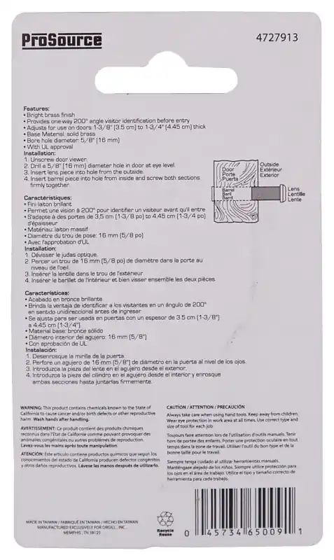 Limited Offer ProSource LR-002BB-PS Door Viewer, 200 deg Viewing, 1-3/8 to 1-3/4 in Thick Door, Solid Brass, Brass
