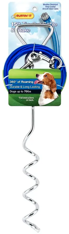 Best Choice Ruffin'It 29515 Corkscrew Stake and Cable Tie-Out, Swivel Snap End, 15 ft, Steel, Blue, For: Dogs up to 70 lb