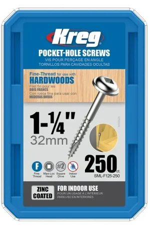 Kreg SML-F125-250 Pocket-Hole Screw, #7 Thread, 1-1/4 in L, Fine Thread, Maxi-Loc Head, Square Drive, Carbon Steel, Zinc Clearance