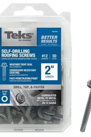 Hot Deal Teks 21416 Roofing Screw, #12 Thread, Coarse Thread, Hex Drive, Self-Drilling Point, Steel, Zinc, 50 PK