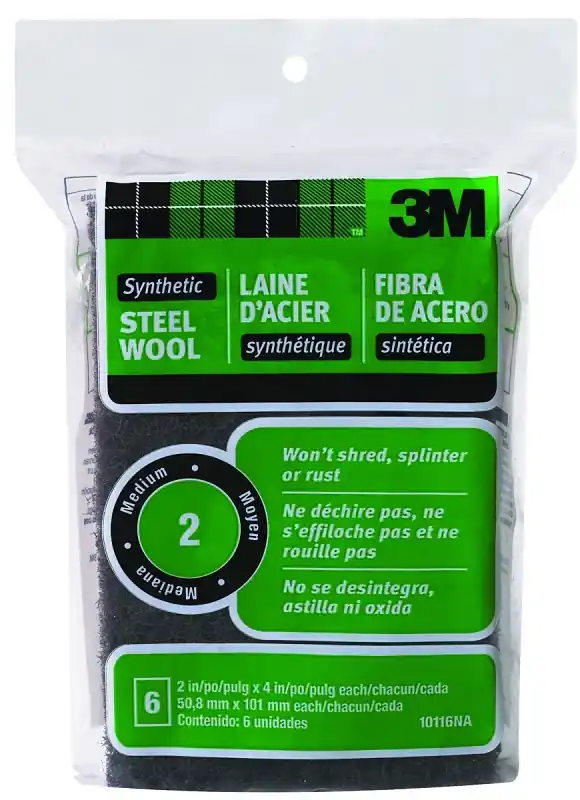 3M 10116 Steel Wool, 4 in L, 2 in W, #2 Grit, Medium, Black While Supplies Last