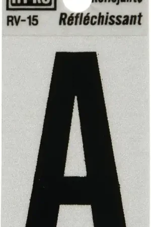 Authentic Hy-Ko RV-15 Series RV-15/A Self-Adhesive Reflective Letter, Character: A, 1 in H Character, Black Character, Vinyl, Pack of 10