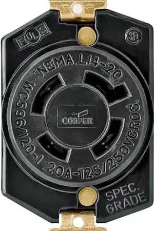 Brand New Arrow Hart L1420R Single Receptacle, Flush Mounting, 3-Pole, 125/250 V, 20 A, Back and Side Wiring, Black