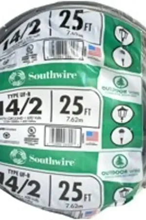 Best Choice Southwire 14/2UF-W/GX25 Underground Feeder Cable with Ground, 14 AWG Wire, 2-Conductor, 25 ft L, Copper Conductor