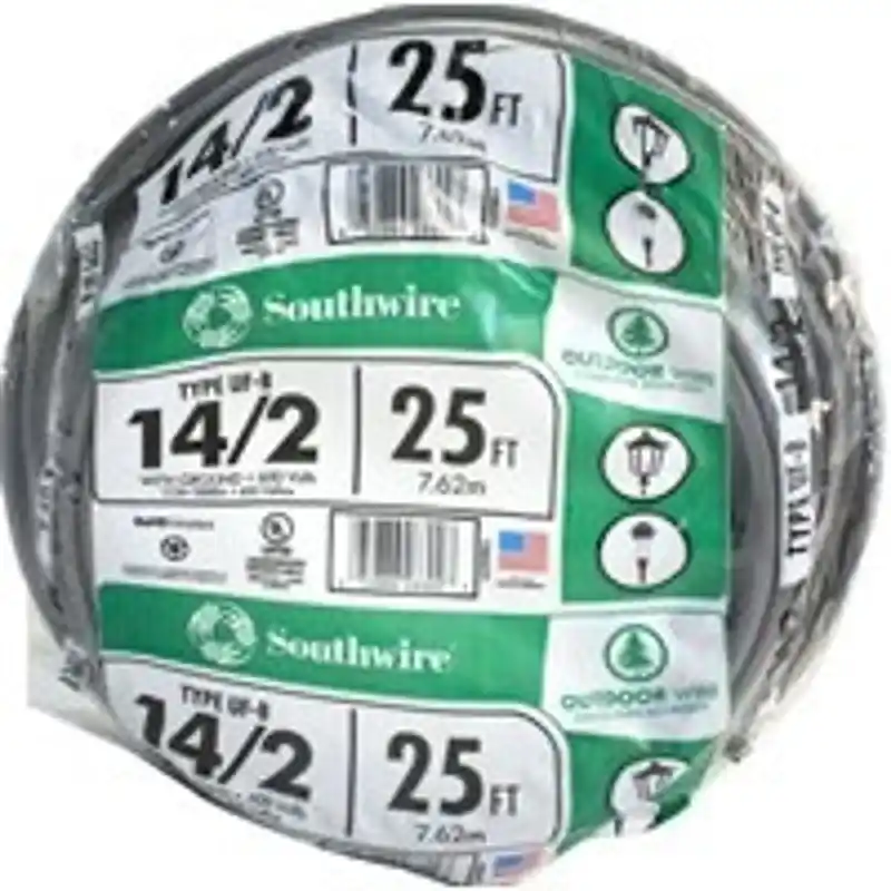 Best Choice Southwire 14/2UF-W/GX25 Underground Feeder Cable with Ground, 14 AWG Wire, 2-Conductor, 25 ft L, Copper Conductor