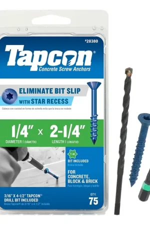 Latest Tapcon 28380 Concrete Screw Anchor, T30 Screw, 1/4 in Dia, 2-1/4 in L, Steel, Climaseal, 75/PK