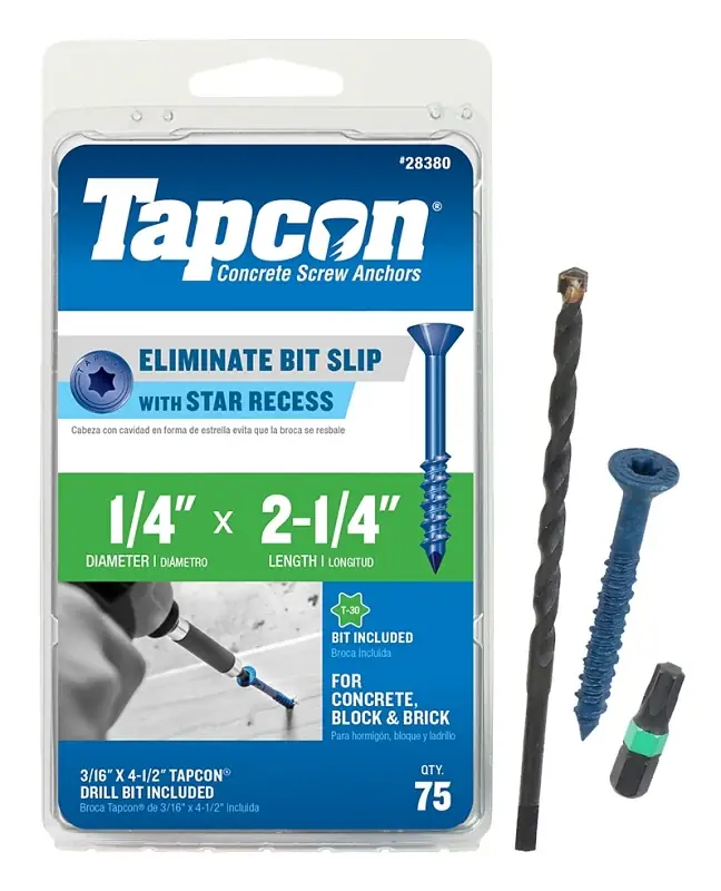 Latest Tapcon 28380 Concrete Screw Anchor, T30 Screw, 1/4 in Dia, 2-1/4 in L, Steel, Climaseal, 75/PK
