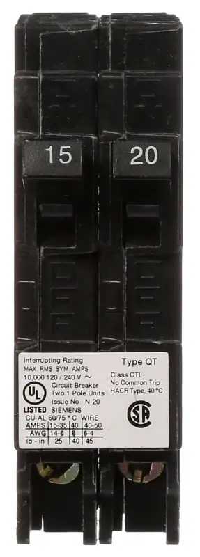Limited Time Siemens Q1520 Circuit Breaker, Type QT, 15 to 20 A, 1 -Pole, 120 V, Plug Mounting