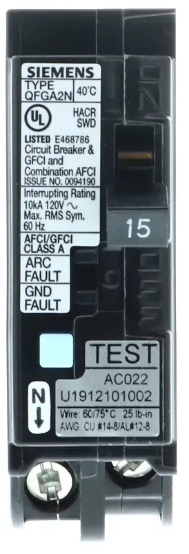 Siemens Q115DFN Circuit Breaker, AFCI, GFCI, Low Voltage, 15 A, 1 -Pole, 120 V, Plug Mounting Affordable