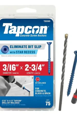 Same Day Shipping Tapcon 28365 Concrete Screw Anchor, T25 Screw, 3/16 in Dia, 2-3/4 in L, Steel, Climaseal, 75/PK