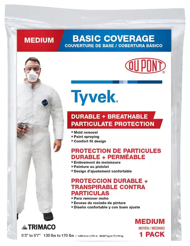 Instant Buy Trimaco 14121 Professional Painter's Coveralls, M, Zipper Closure, Tyvek, White