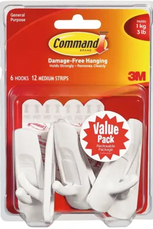 Command 17001-VP-6PK Utility Hook, 7/8 in Opening, 3 lb, 6 -Hook, Plastic, White Top Pick