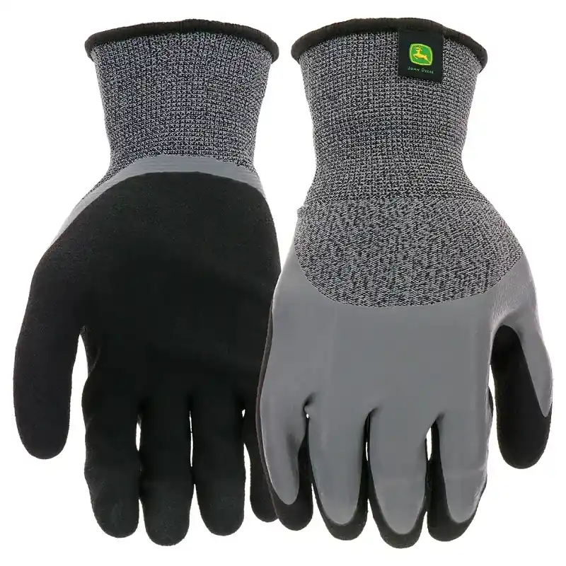 Sale John Deere JD30500-L Double-Dipped Gloves, L, 4-1/4 in L, Knit Wrist, Seamless Cuff, Latex Coating, Black/Gray