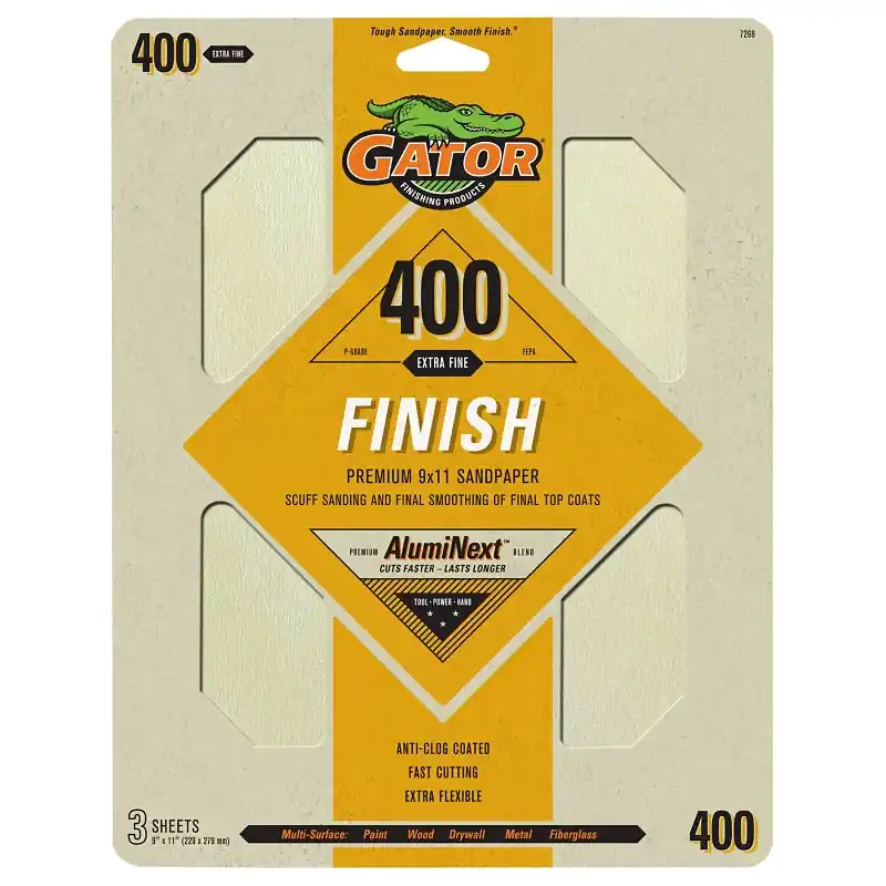 Gator 7268 Premium Sandpaper, 9 in W, 11 in L, 400 Grit, Fine, Latex Backing In Demand