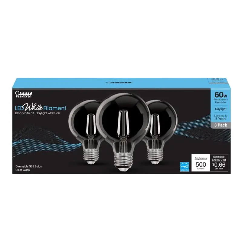 Feit White G25 E26 (Medium) Filament LED Bulb Daylight 60 Watt Equivalence 3 pk Fresh Stock