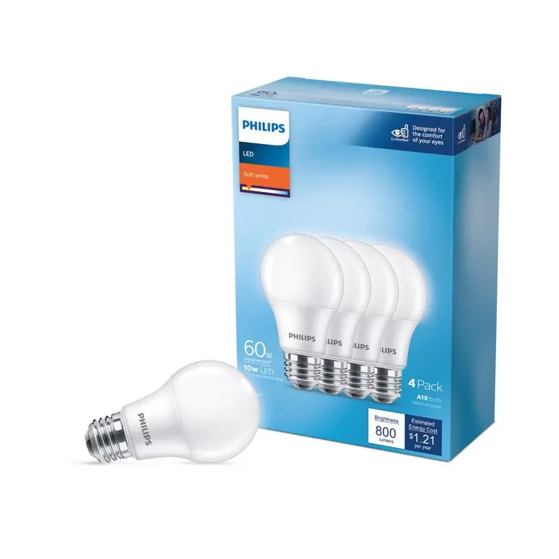 Today Only Philips A19 E26 (Medium) LED Bulb Soft White 60 Watt Equivalence 4 pk