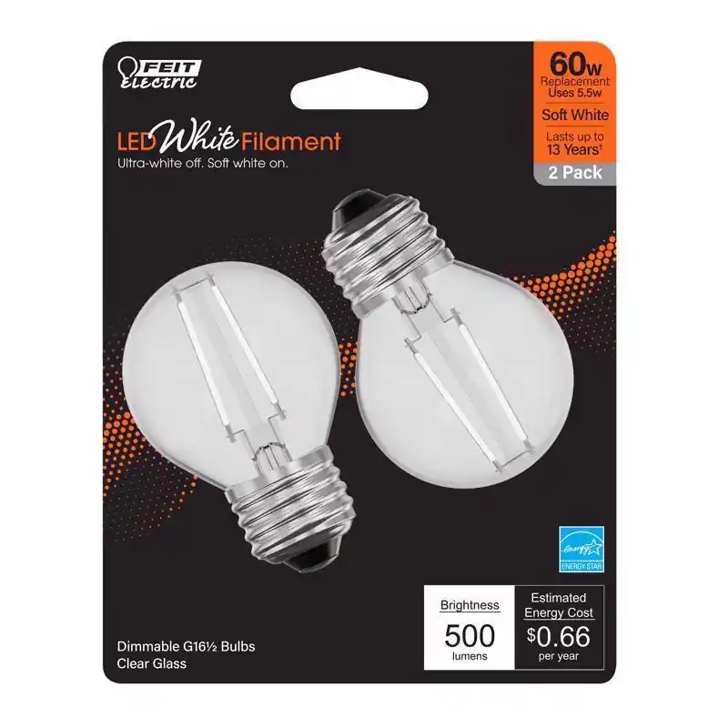 Feit White G16.5 E26 (Medium) Filament LED Bulb Soft White 60 Watt Equivalence 2 pk Brand New