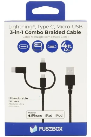 Fusebox Black Braided USB Cable For Apple iPod, iPhone, iPad 4 ft. L One Day Deal