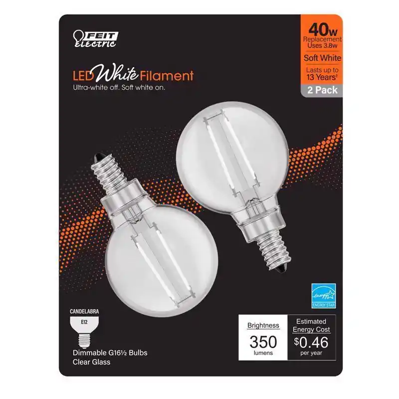 Feit White G16.5 E12 (Candelabra) Filament LED Bulb Soft White 40 Watt Equivalence 2 pk Express Delivery
